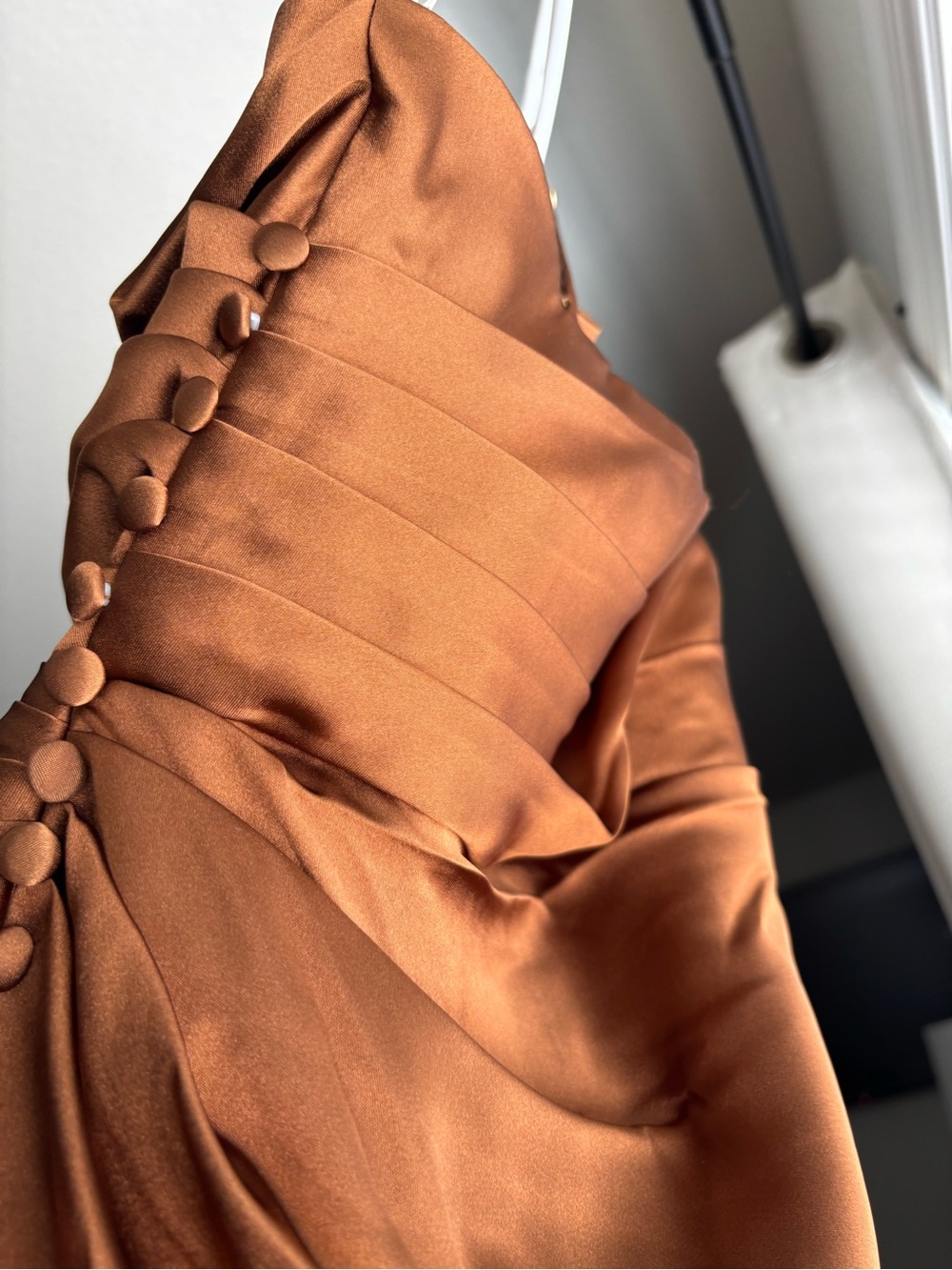 Galina Signature Charmeause Draped One-Shoulder Dress | Tawny Color | Size 0 - Picture 12 of 14